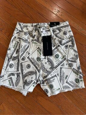AMERICAN BAZI Money Print Denim Shorts with Chain. Size Small. NWT!